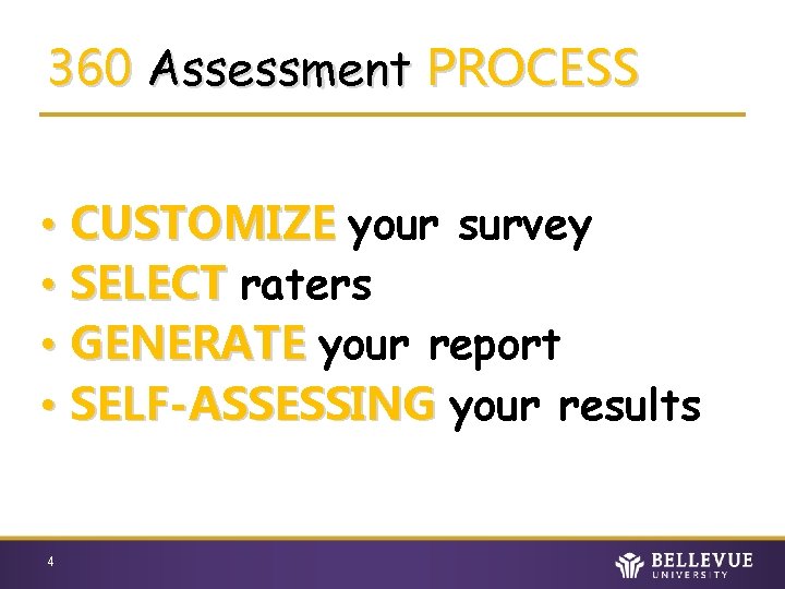 360 Assessment PROCESS • CUSTOMIZE your survey • SELECT raters • GENERATE your report