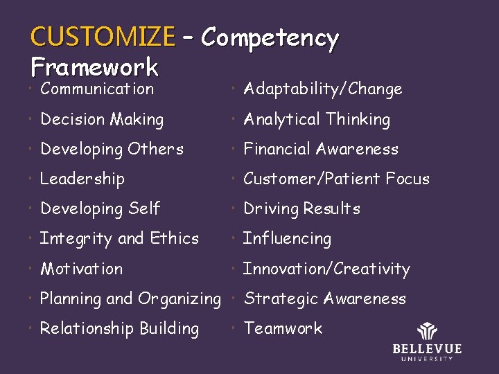 CUSTOMIZE – Competency Framework Communication Adaptability/Change Decision Making Analytical Thinking Developing Others Financial Awareness