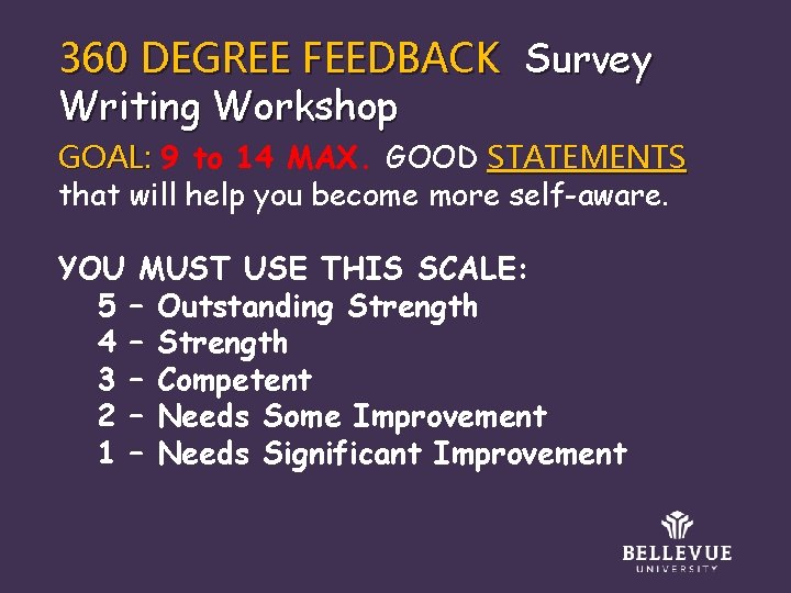 360 DEGREE FEEDBACK Survey Writing Workshop GOAL: 9 to 14 MAX. GOOD STATEMENTS that