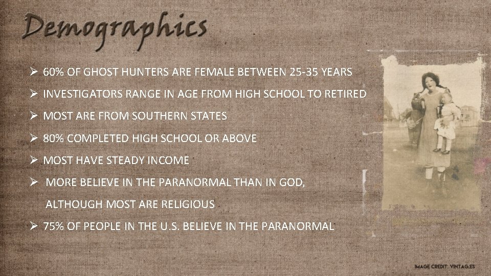 Ø 60% OF GHOST HUNTERS ARE FEMALE BETWEEN 25 -35 YEARS Ø INVESTIGATORS RANGE