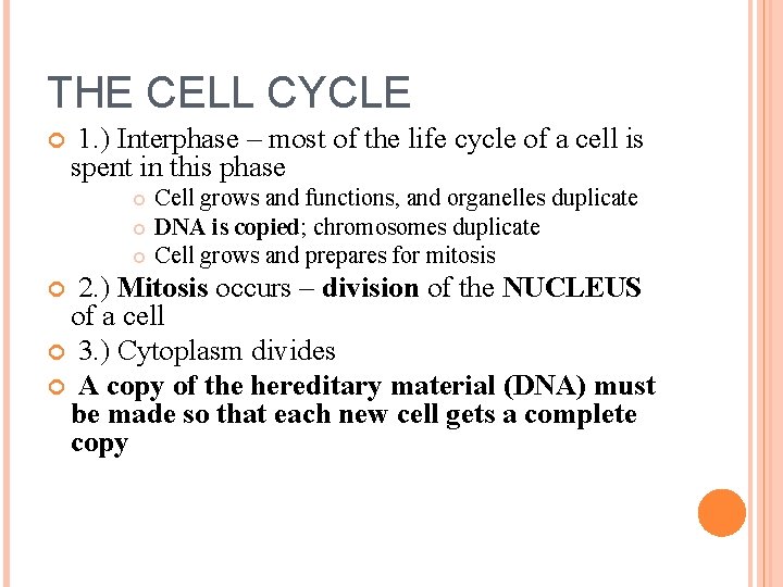 THE CELL CYCLE 1. ) Interphase – most of the life cycle of a