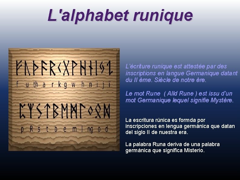 L'alphabet runique L'écriture runique est attestée par des inscriptions en langue Germanique datant du