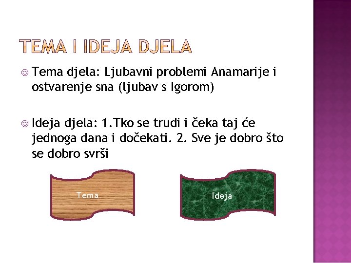  Tema djela: Ljubavni problemi Anamarije i ostvarenje sna (ljubav s Igorom) Ideja djela: