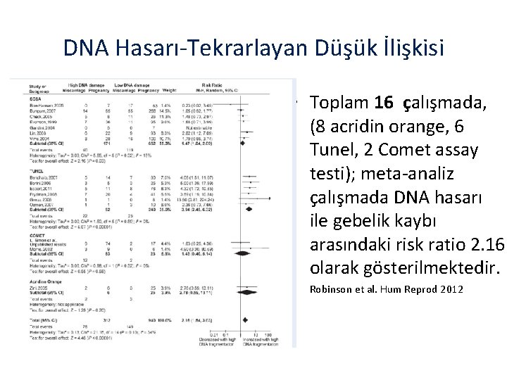 DNA Hasarı-Tekrarlayan Düşük İlişkisi • Toplam 16 çalışmada, (8 acridin orange, 6 Tunel, 2