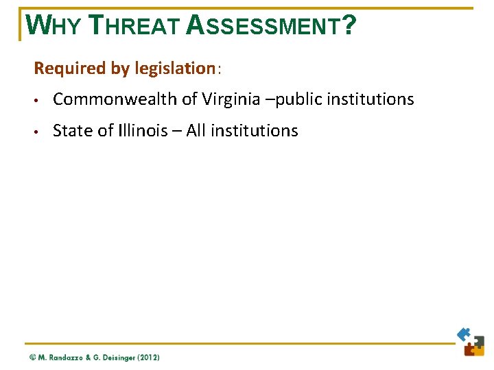 WHY THREAT ASSESSMENT? Required by legislation: • Commonwealth of Virginia –public institutions • State