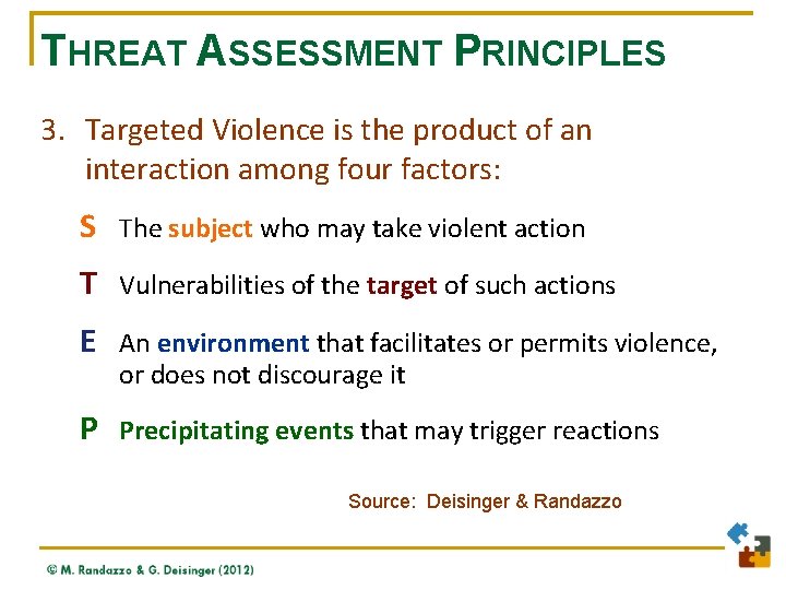 THREAT ASSESSMENT PRINCIPLES 3. Targeted Violence is the product of an interaction among four