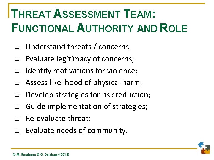 THREAT ASSESSMENT TEAM: FUNCTIONAL AUTHORITY AND ROLE q q q q Understand threats /