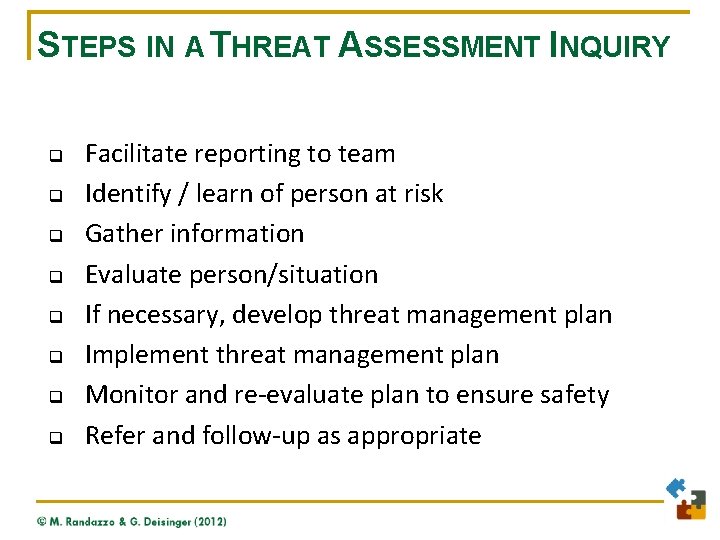 STEPS IN A THREAT ASSESSMENT INQUIRY q q q q Facilitate reporting to team