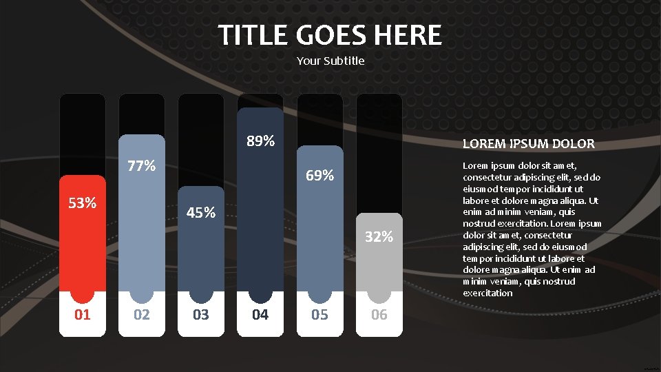 TITLE GOES HERE Your Subtitle 89% 77% 53% LOREM IPSUM DOLOR 69% 45% 32%