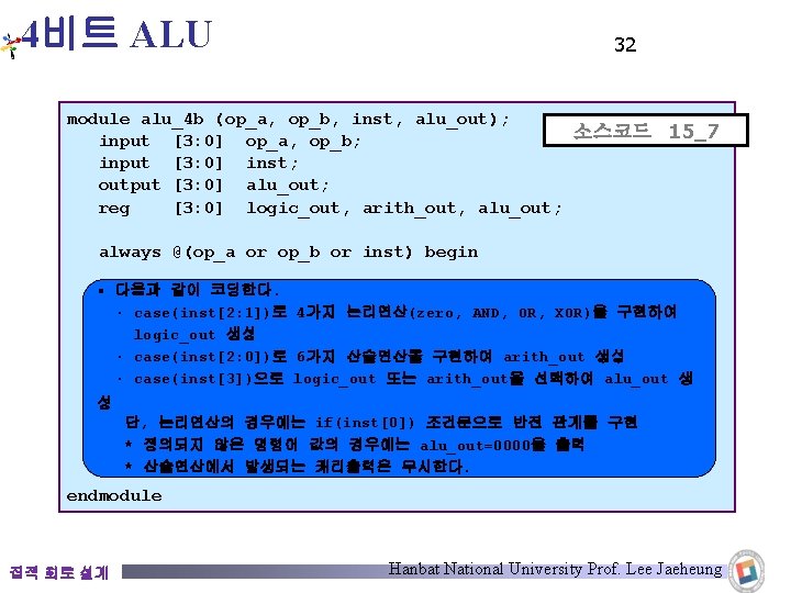 4비트 ALU 32 module alu_4 b (op_a, op_b, inst, alu_out); 소스코드 15_7 input [3: