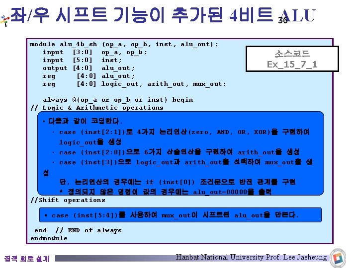 좌/우 시프트 기능이 추가된 4비트 36 ALU module alu_4 b_sh input [3: 0] input