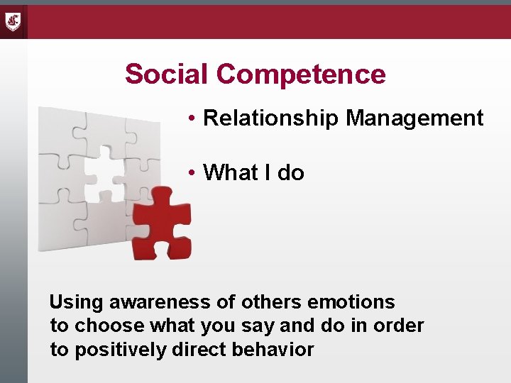 Social Competence • Relationship Management • What I do Using awareness of others emotions