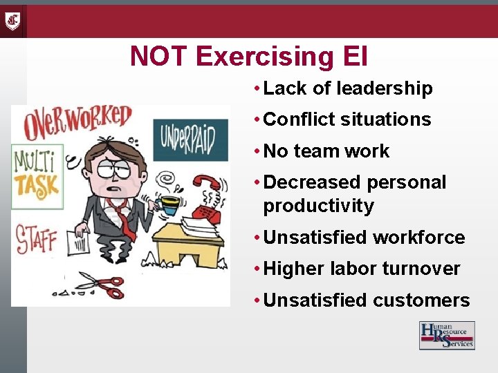 NOT Exercising EI • Lack of leadership • Conflict situations • No team work