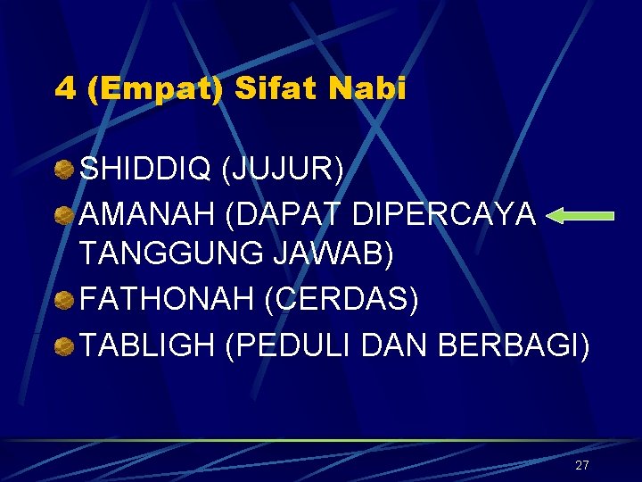 4 (Empat) Sifat Nabi SHIDDIQ (JUJUR) AMANAH (DAPAT DIPERCAYA TANGGUNG JAWAB) FATHONAH (CERDAS) TABLIGH