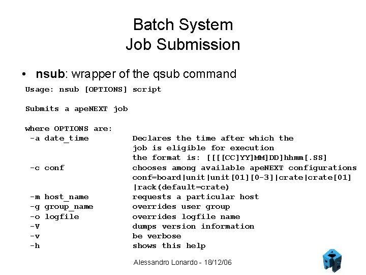 Batch System Job Submission • nsub: wrapper of the qsub command Usage: nsub [OPTIONS]