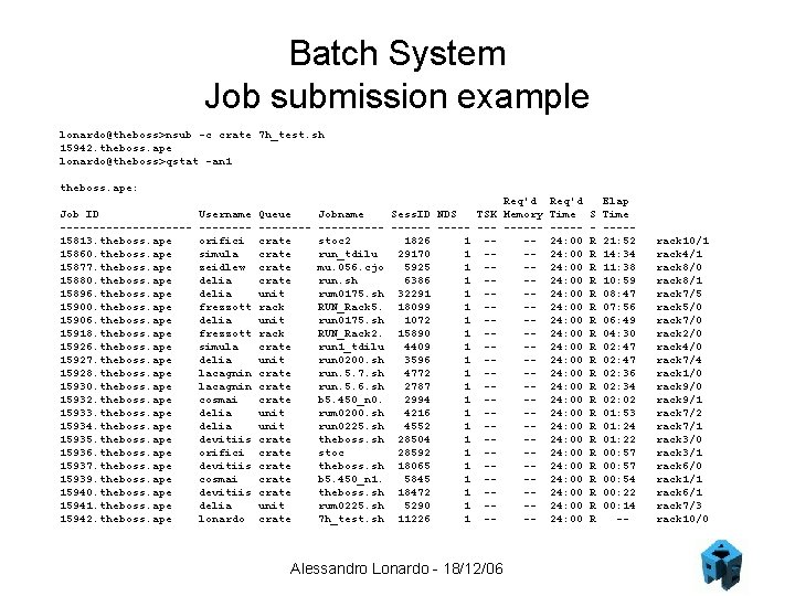 Batch System Job submission example lonardo@theboss>nsub -c crate 7 h_test. sh 15942. theboss. ape