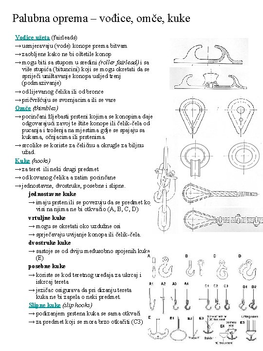 Palubna oprema – vođice, omče, kuke Vođice užeta (fairleads) →usmjeravaju (vode) konope prema bitvam Palubna oprema – vođice, omče, kuke Vođice užeta (fairleads) →usmjeravaju (vode) konope prema bitvam