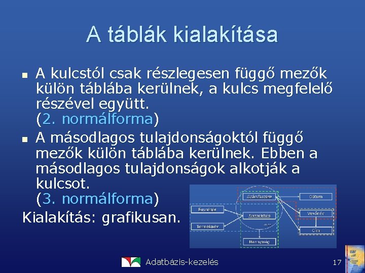 A táblák kialakítása A kulcstól csak részlegesen függő mezők külön táblába kerülnek, a kulcs