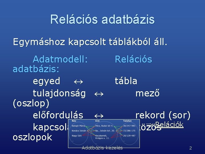 Relációs adatbázis Egymáshoz kapcsolt táblákból áll. Adatmodell: adatbázis: egyed tulajdonság (oszlop) előfordulás kapcsolat oszlopok