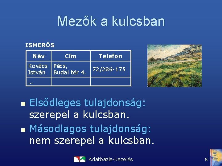 Mezők a kulcsban ISMERŐS Név Cím Kovács Pécs, István Budai tér 4. Telefon 72/286