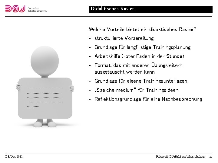 Didaktisches Raster Welche Vorteile bietet ein didaktisches Raster? strukturierte Vorbereitung Grundlage für langfristige Trainingsplanung