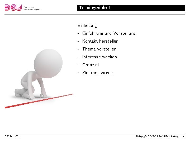 Trainingseinheit Einleitung Einführung und Vorstellung Kontakt herstellen Thema vorstellen Interesse wecken Grobziel Zieltransparenz DSJ
