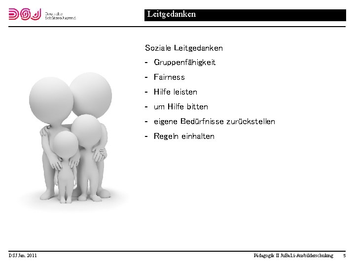 Leitgedanken Soziale Leitgedanken Gruppenfähigkeit Fairness Hilfe leisten um Hilfe bitten eigene Bedürfnisse zurückstellen Regeln