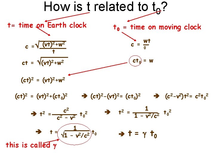 How is t related to t 0? t= time on Earth clock (vt)2+w 2