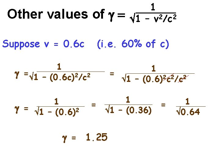 Other values of g = Suppose v = 0. 6 c (i. e. 60%