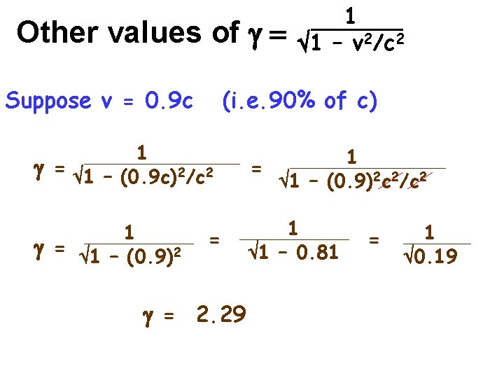 Other values of g = Suppose v = 0. 9 c 1 1 –