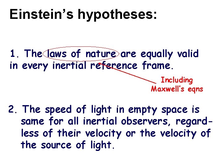 Einstein’s hypotheses: 1. The laws of nature are equally valid in every inertial reference