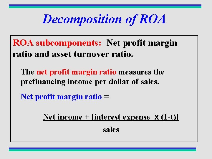Decomposition of ROA subcomponents: Net profit margin ratio and asset turnover ratio. The net