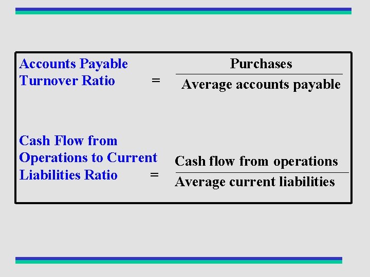 Accounts Payable Turnover Ratio = Purchases Average accounts payable Cash Flow from Operations to