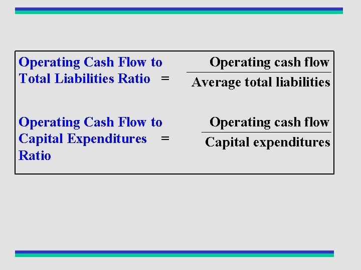 Operating Cash Flow to Total Liabilities Ratio = Operating cash flow Average total liabilities