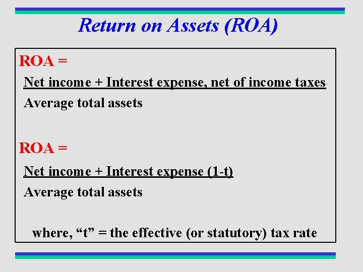 Return on Assets (ROA) ROA = Net income + Interest expense, net of income