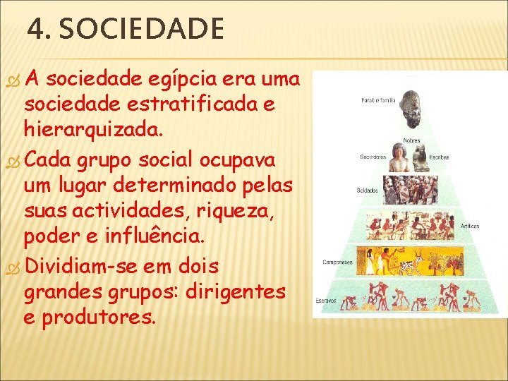 4. SOCIEDADE A sociedade egípcia era uma sociedade estratificada e hierarquizada. Cada grupo social