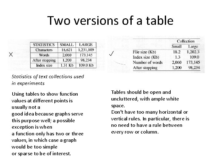 Two versions of a table Statistics of text collections used in experiments Using tables