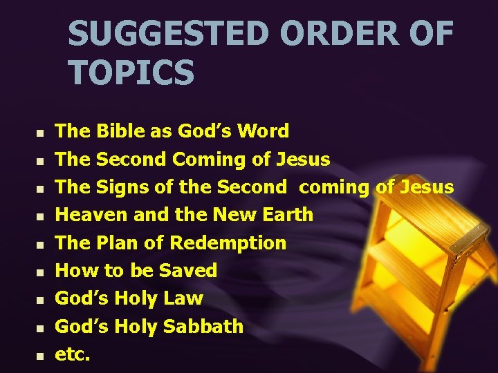 SUGGESTED ORDER OF TOPICS n n n n n The Bible as God’s Word