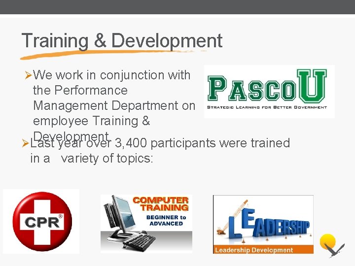 Training & Development ØWe work in conjunction with the Performance Management Department on employee