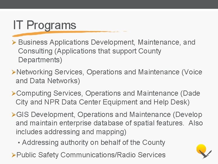 IT Programs Ø Business Applications Development, Maintenance, and Consulting (Applications that support County Departments)