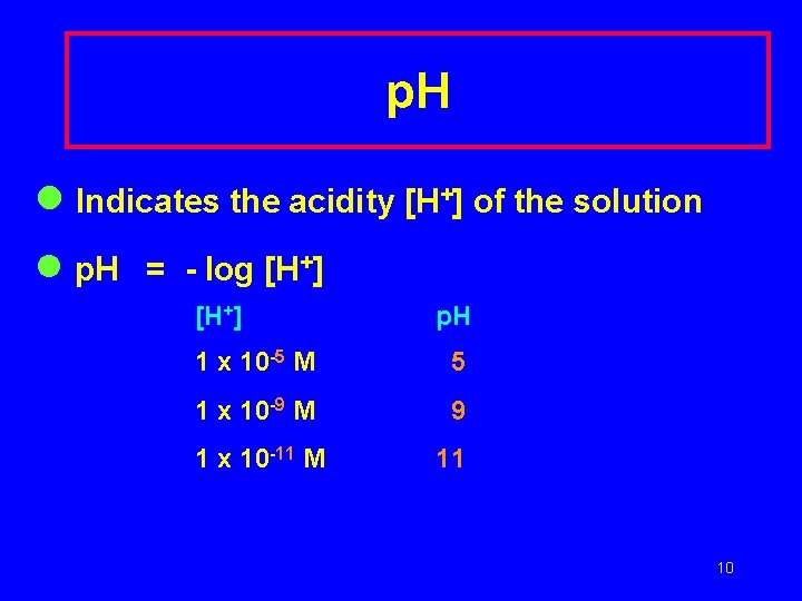 p. H l Indicates the acidity [H+] of the solution l p. H =