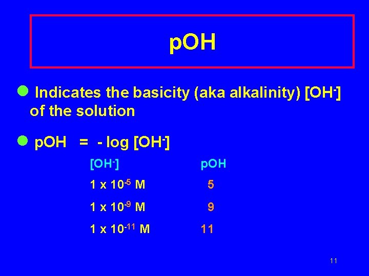 p. OH l Indicates the basicity (aka alkalinity) [OH-] of the solution l p.