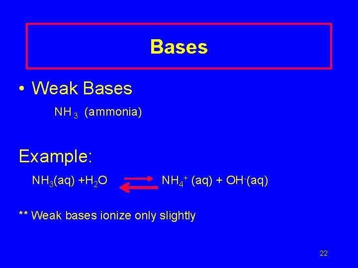 Bases • Weak Bases NH 3 (ammonia) Example: NH 3(aq) +H 2 O NH