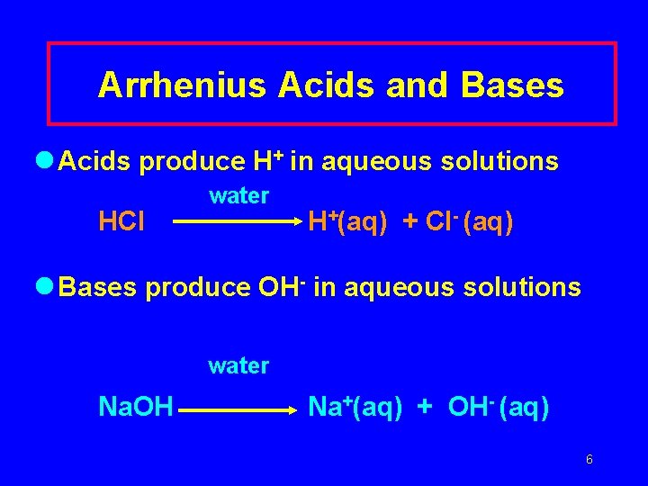 Arrhenius Acids and Bases l Acids produce H+ in aqueous solutions HCl water H+(aq)