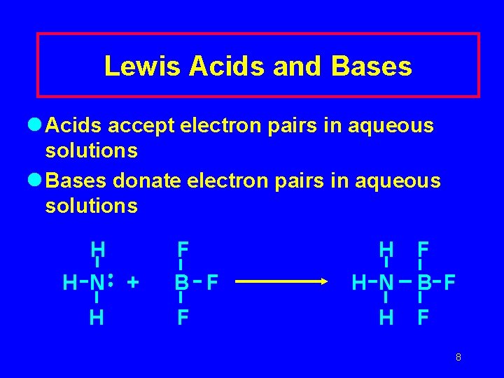 Lewis Acids and Bases l Acids accept electron pairs in aqueous solutions l Bases