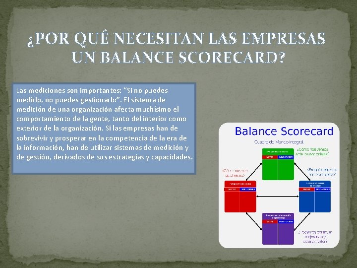 ¿POR QUÉ NECESITAN LAS EMPRESAS UN BALANCE SCORECARD? Las mediciones son importantes: “Si no