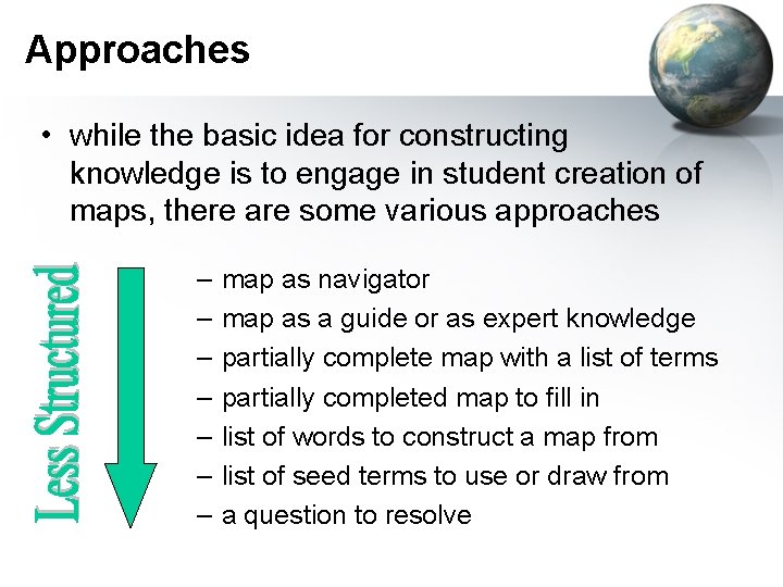 Approaches • while the basic idea for constructing knowledge is to engage in student