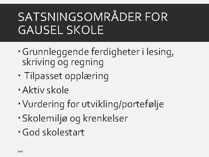 SATSNINGSOMRÅDER FOR GAUSEL SKOLE Grunnleggende ferdigheter i lesing, skriving og regning Tilpasset opplæring Aktiv