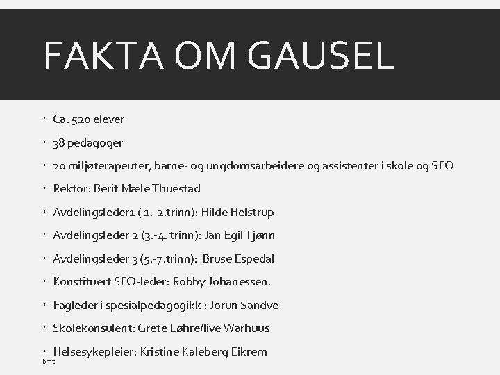 FAKTA OM GAUSEL Ca. 520 elever 38 pedagoger 20 miljøterapeuter, barne- og ungdomsarbeidere og