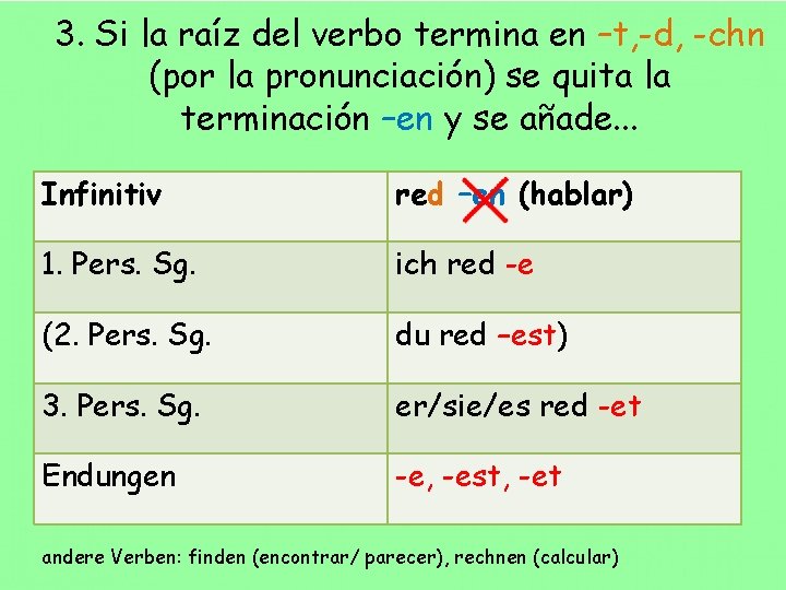 3. Si la raíz del verbo termina en –t, -d, -chn (por la pronunciación)